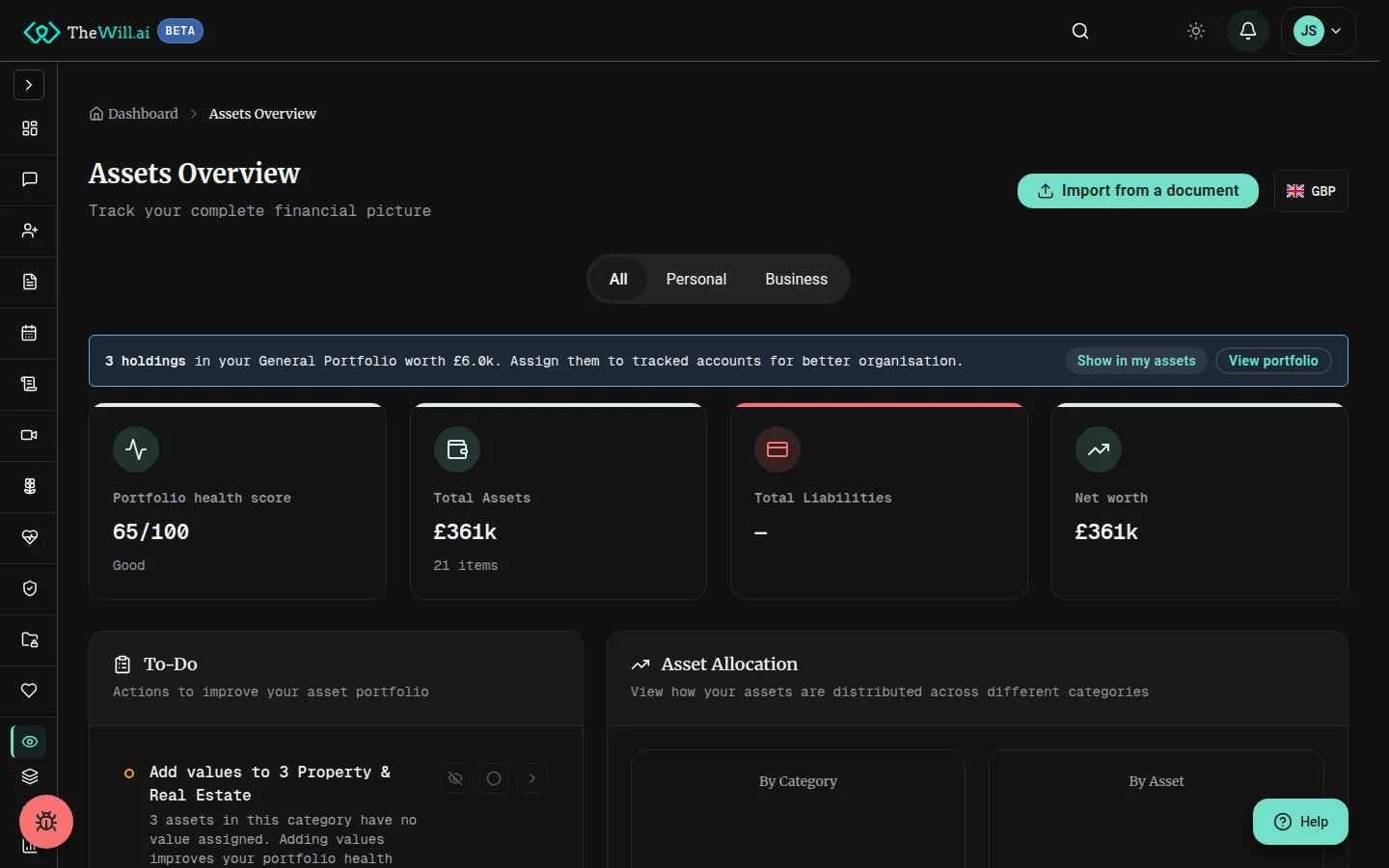 The assets overview showing a portfolio health score, total assets, total liabilities and net worth, above a to-do list of actions that would improve the portfolio and an asset allocation breakdown