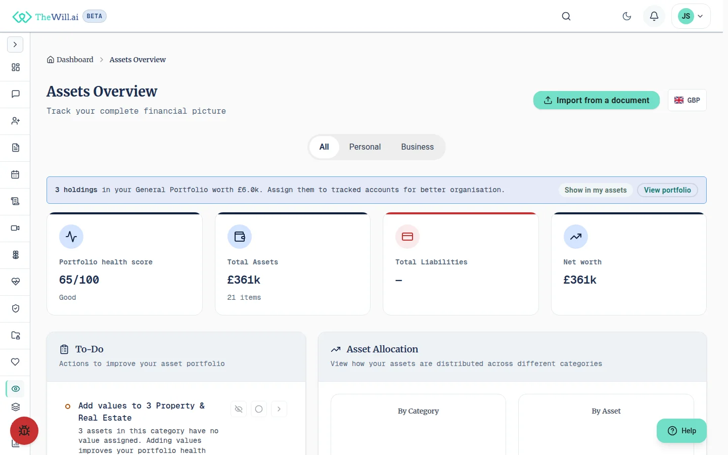 The assets overview showing a portfolio health score, total assets, total liabilities and net worth, above a to-do list of actions that would improve the portfolio and an asset allocation breakdown