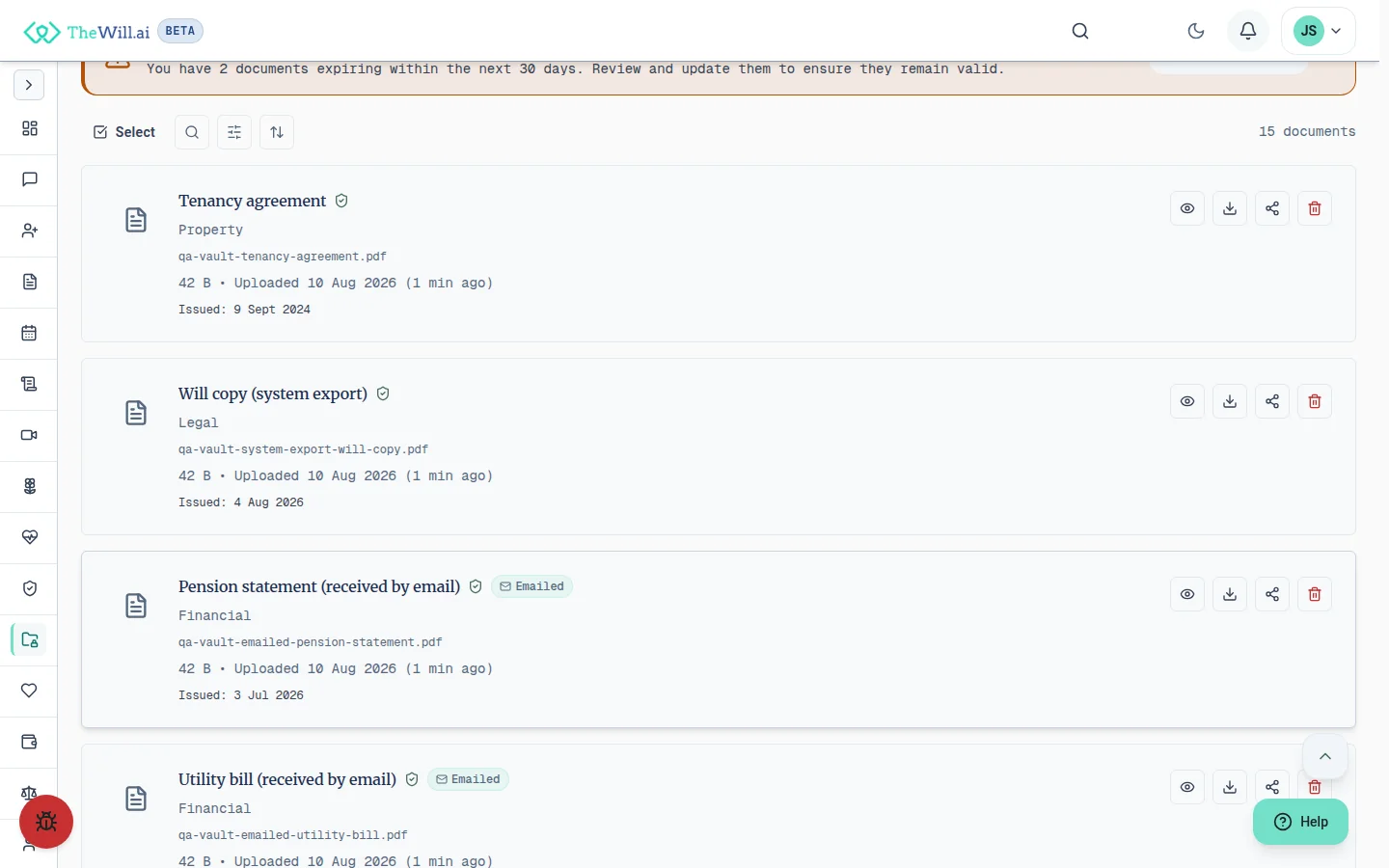 The document vault listing stored documents with their category, file name, size, upload date and issue date, each row offering preview, download, share and delete actions