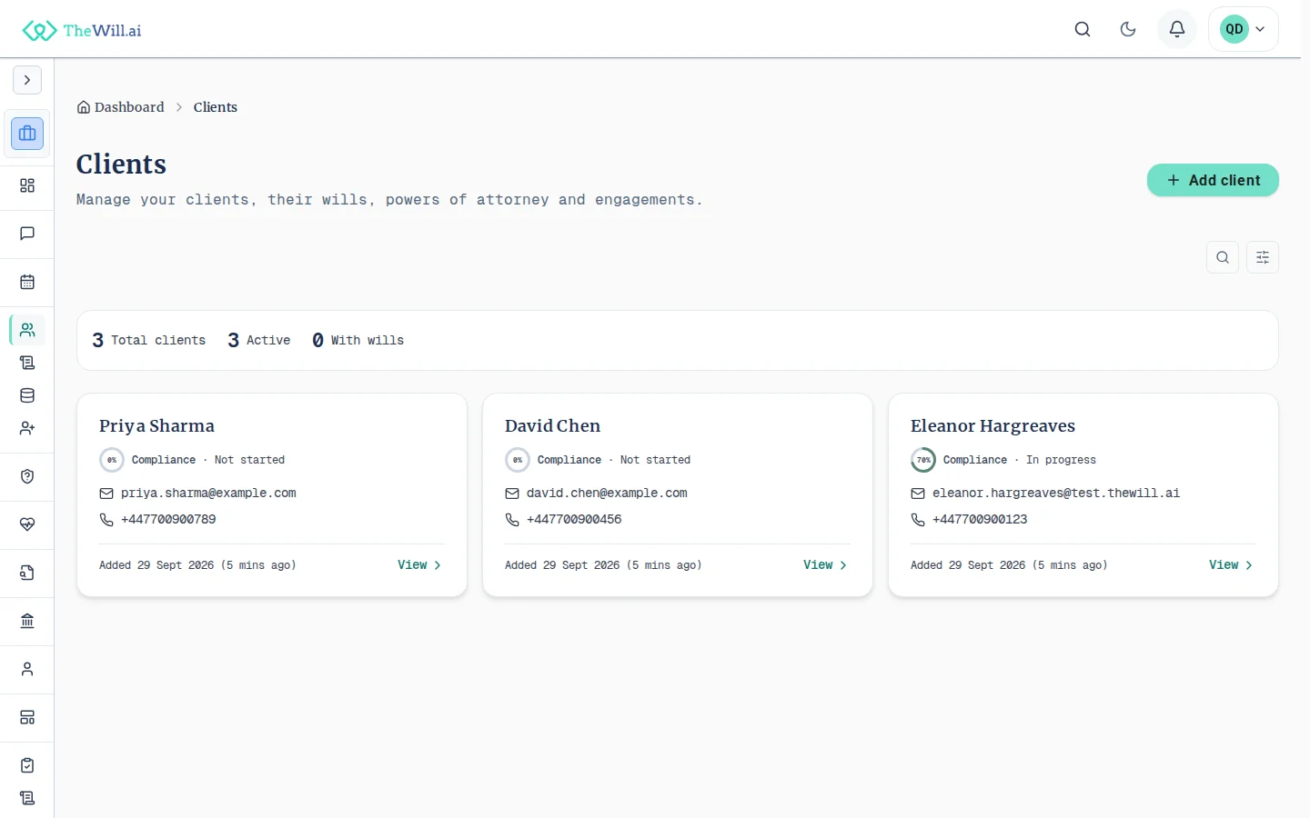 The professional clients screen showing an add-client button and search and filter controls above a count of total, active and with-wills clients, then one card per client carrying their email, phone and compliance progress