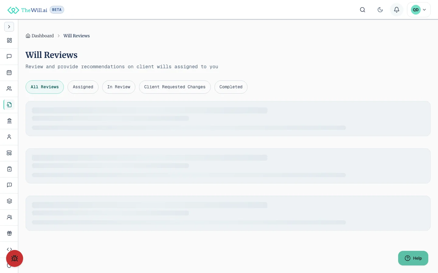 The will reviews queue with filters for all, assigned, in review, client requested changes and completed, above a table listing each client with their jurisdiction, the review status as a badge, when it was requested and the action to continue or view it