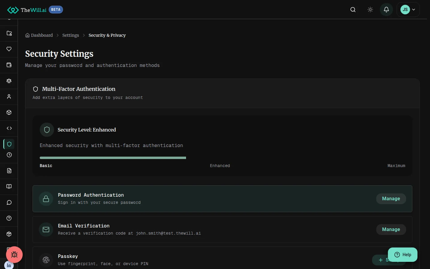 Security settings showing the account's security level on a basic-to-maximum scale, above the list of authentication methods with password and email verification already in place and passkey, SMS and authenticator app offered for set-up