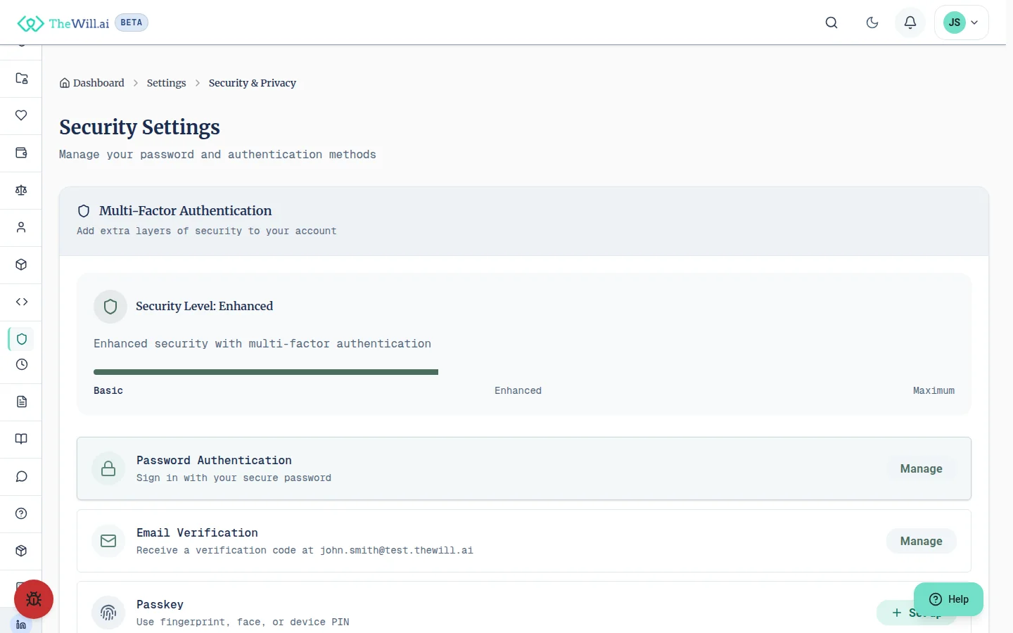 Security settings showing the account's security level on a basic-to-maximum scale, above the list of authentication methods with password and email verification already in place and passkey, SMS and authenticator app offered for set-up