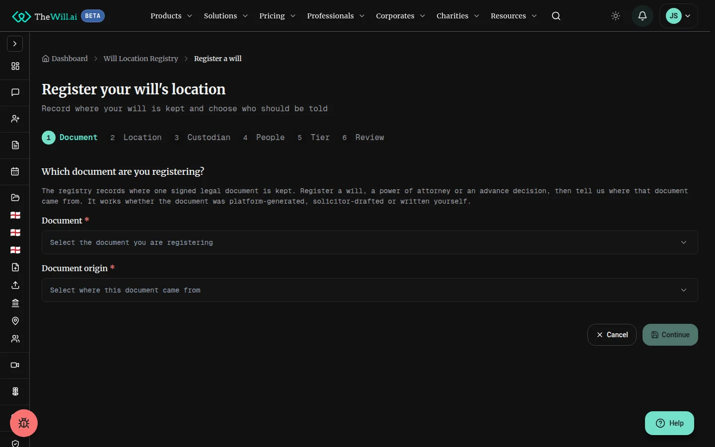 The first step of the will location registry wizard, its six steps of document, location, custodian, people, tier and review shown across the top, asking which document is being registered and where that document came from