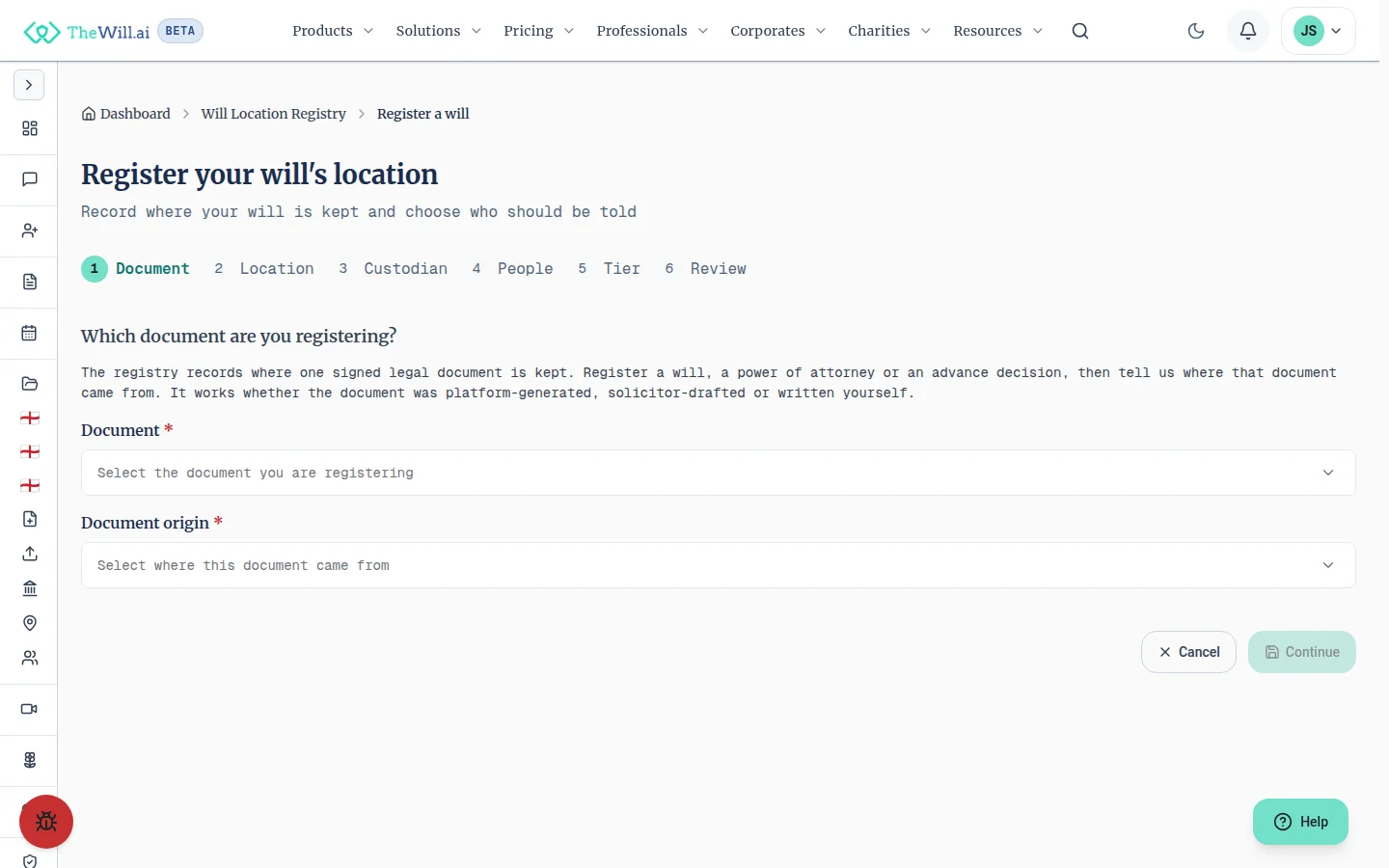 The first step of the will location registry wizard, its six steps of document, location, custodian, people, tier and review shown across the top, asking which document is being registered and where that document came from