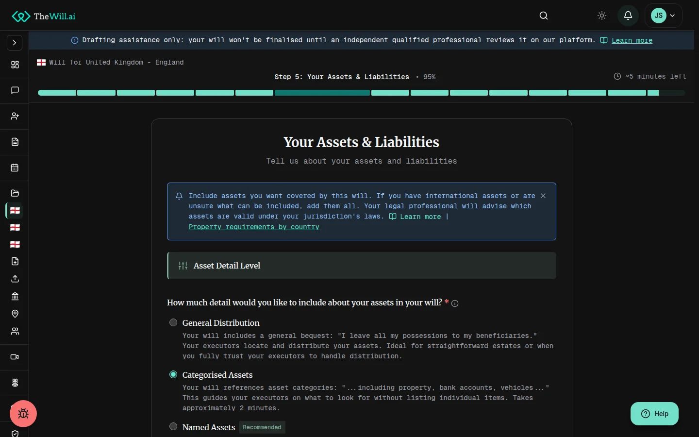 The will generation wizard on the assets and liabilities step, showing the asset detail level choices between a general distribution, categorised assets and named assets