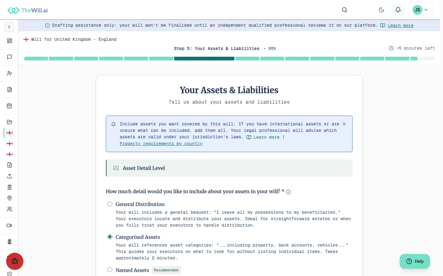 The will generation wizard on the assets and liabilities step, showing the asset detail level choices between a general distribution, categorised assets and named assets