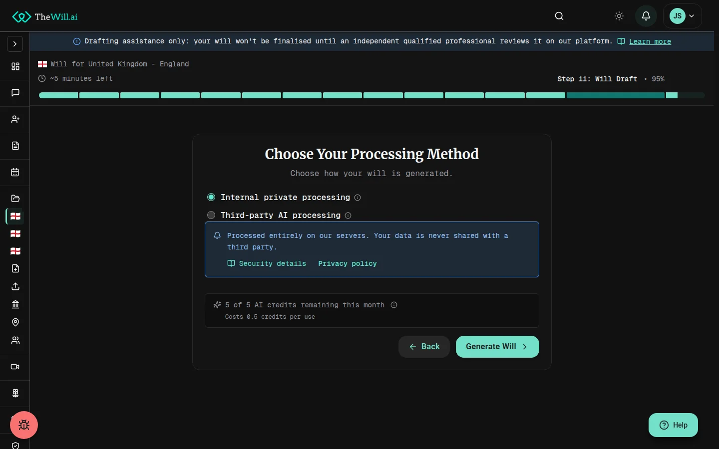 The will generation wizard on the draft step, choosing between internal private processing and third-party AI processing, with the remaining monthly AI credits shown
