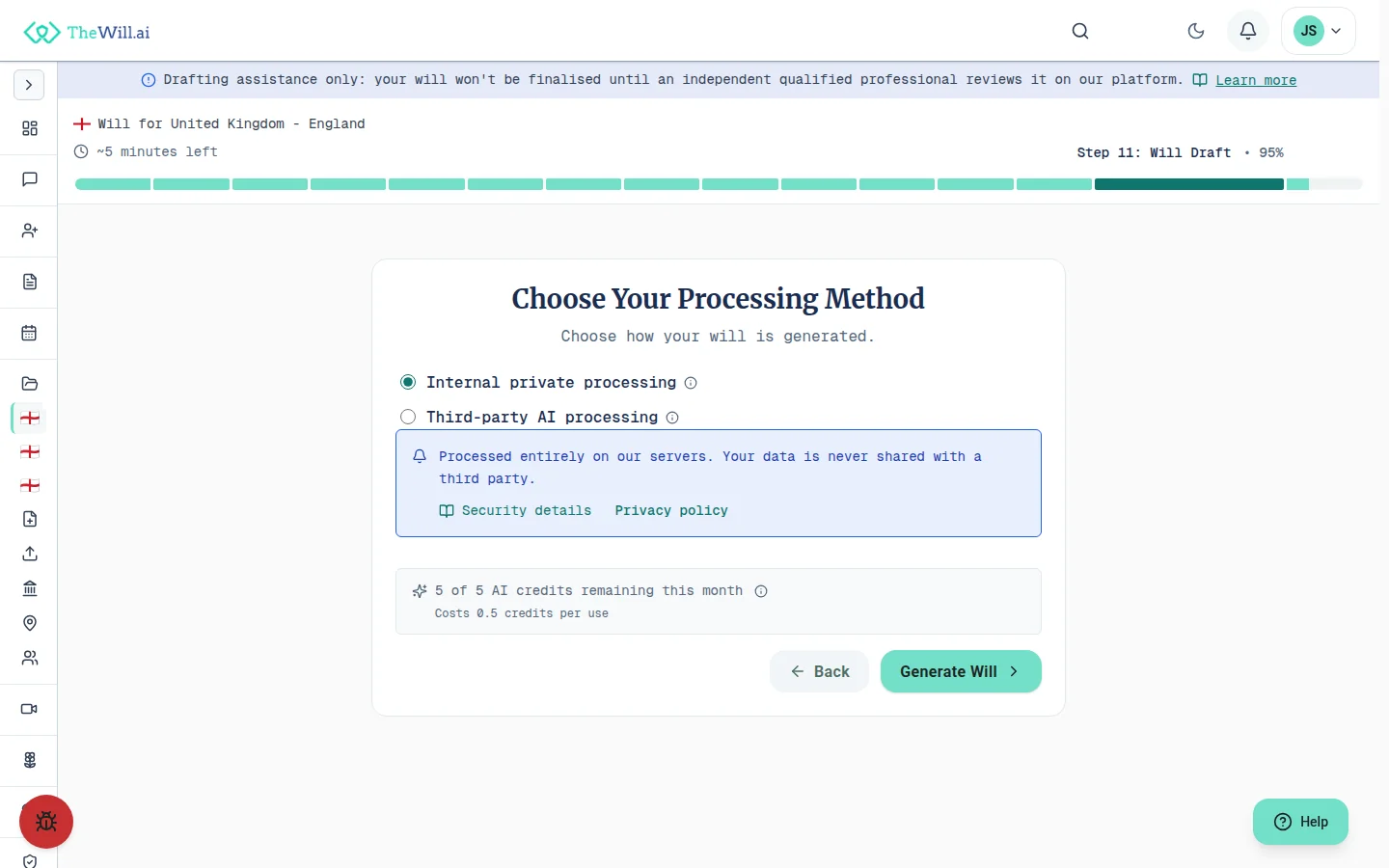 The will generation wizard on the draft step, choosing between internal private processing and third-party AI processing, with the remaining monthly AI credits shown