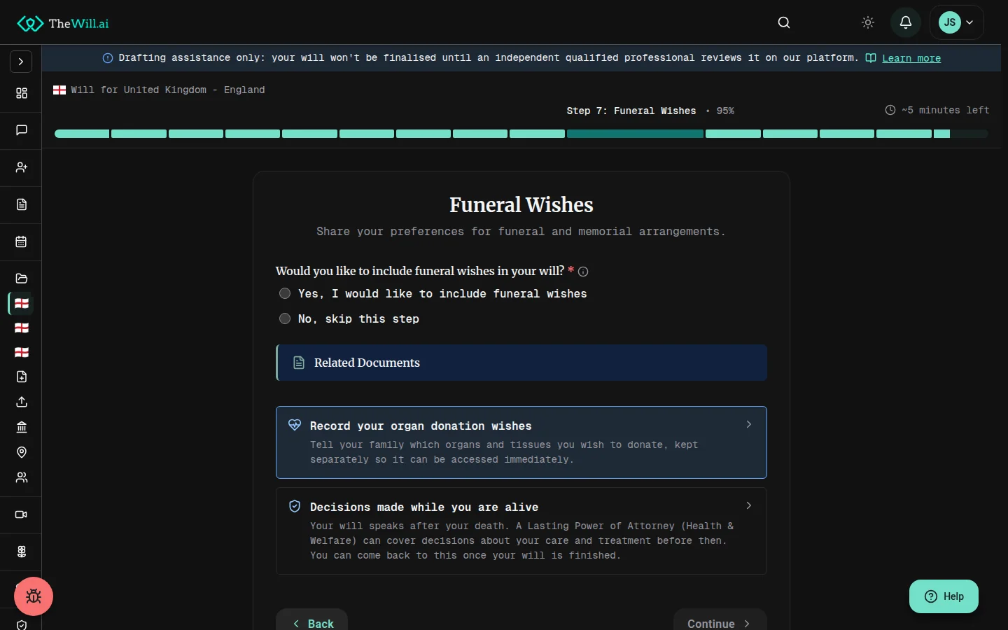 The will generation wizard on the funeral wishes step, offering to include funeral wishes or skip the step, with links to record organ donation wishes and decisions made while you are alive