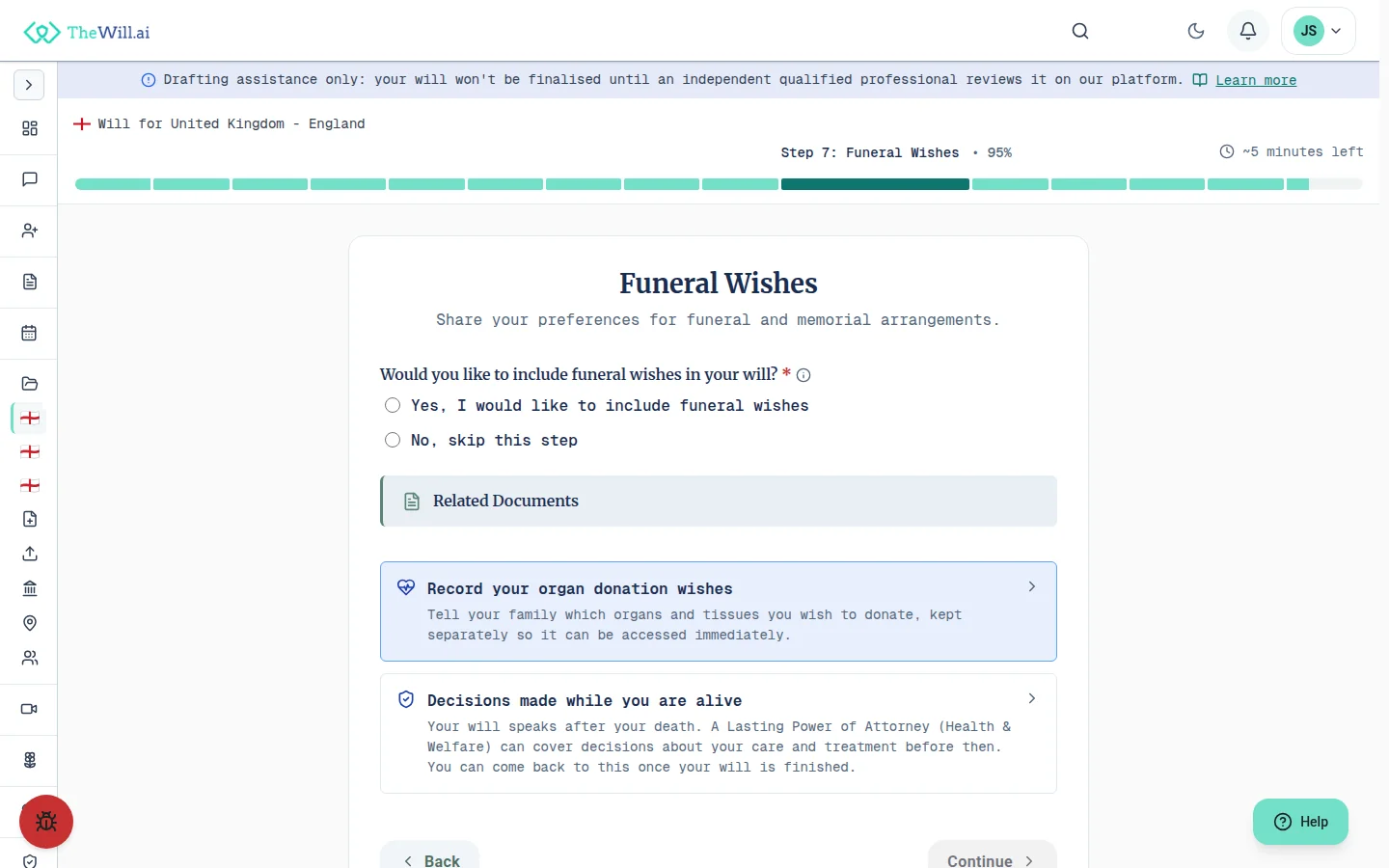 The will generation wizard on the funeral wishes step, offering to include funeral wishes or skip the step, with links to record organ donation wishes and decisions made while you are alive